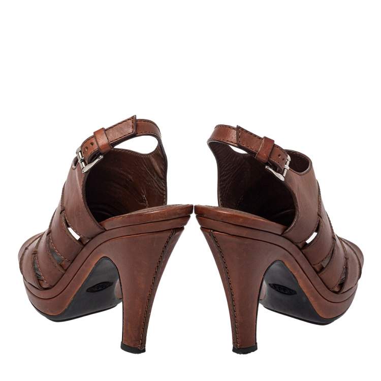 Pre Owned Tod's Brown Leather Peep Toe Slingback Sandals Size 37.5