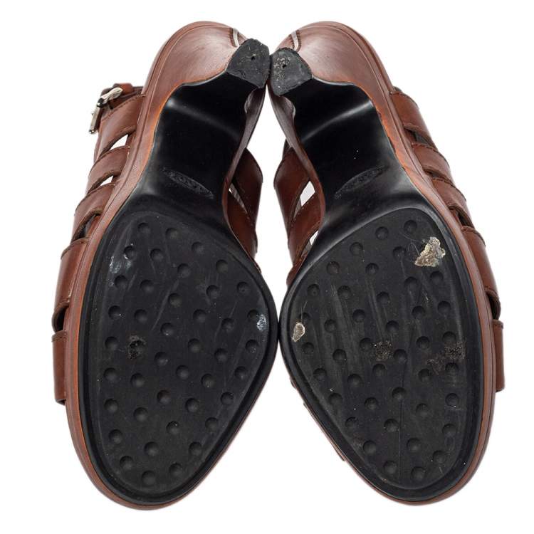 Pre Owned Tod's Brown Leather Peep Toe Slingback Sandals Size 37.5