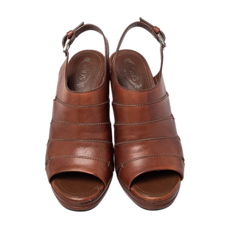 Pre Owned Tod's Brown Leather Peep Toe Slingback Sandals Size 37.5