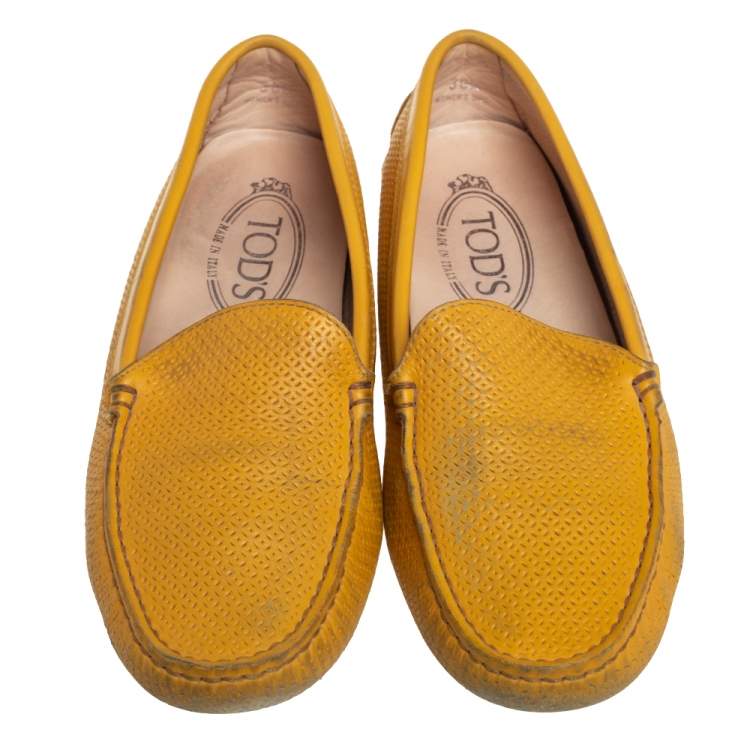 Pre Owned Tod's Yellow Perforated Leather Slip On Loafers Size 36.5