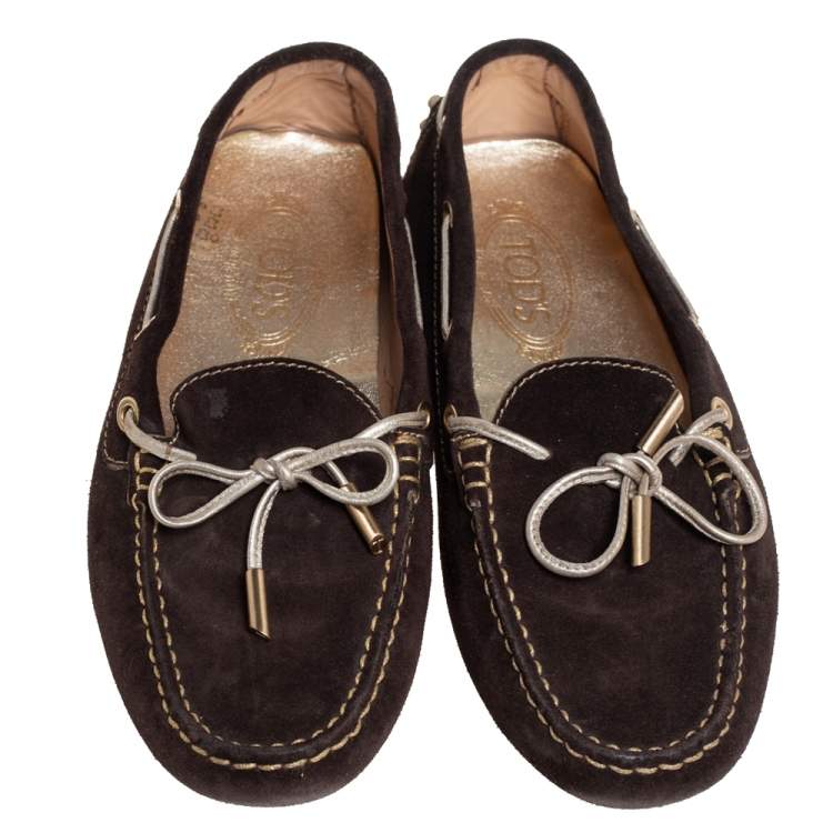 Pre Owned Tod's Brown Suede Bow Slip On Loafers Size 38