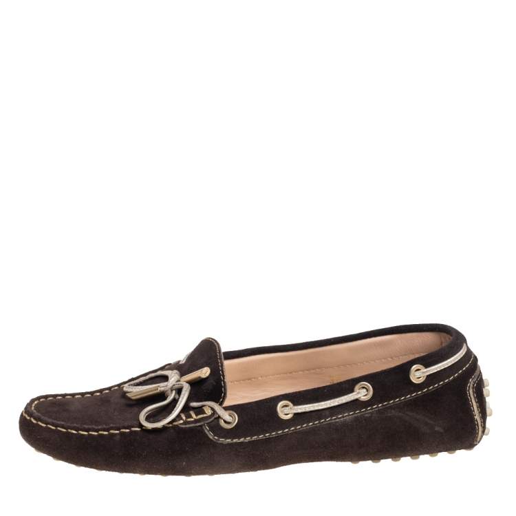 Pre Owned Tod's Brown Suede Bow Slip On Loafers Size 38