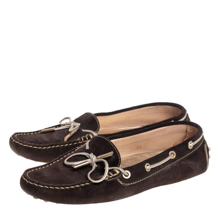 Pre Owned Tod's Brown Suede Bow Slip On Loafers Size 38