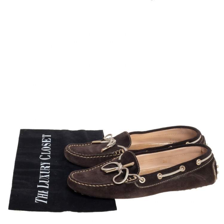 Pre Owned Tod's Brown Suede Bow Slip On Loafers Size 38