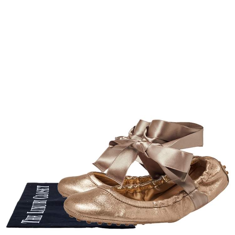 Pre Owned Tod's Metallic Bronze Nubuck Leather Scrunch Ribbon Ballet Flats Size 39.5