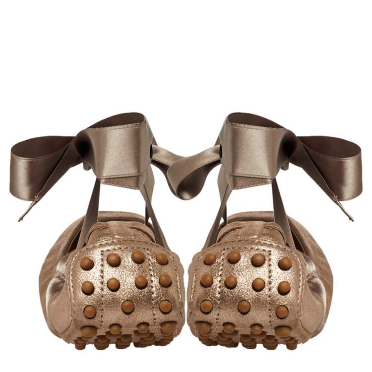 Pre Owned Tod's Metallic Bronze Nubuck Leather Scrunch Ribbon Ballet Flats Size 39.5