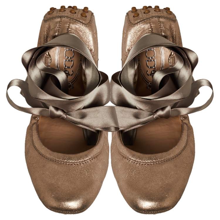 Pre Owned Tod's Metallic Bronze Nubuck Leather Scrunch Ribbon Ballet Flats Size 39.5