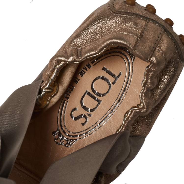 Pre Owned Tod's Metallic Bronze Nubuck Leather Scrunch Ribbon Ballet Flats Size 39.5