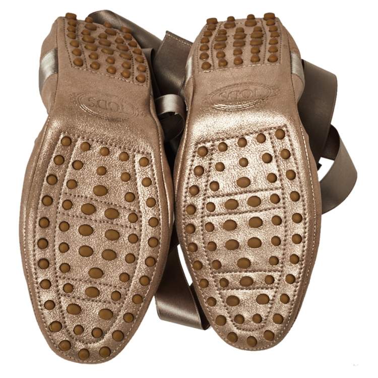 Pre Owned Tod's Metallic Bronze Nubuck Leather Scrunch Ribbon Ballet Flats Size 39.5