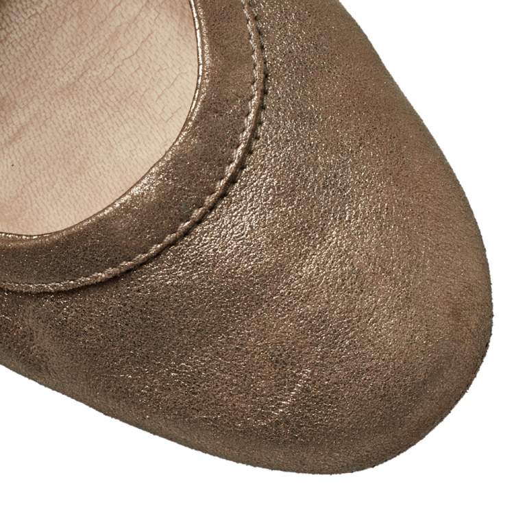 Pre Owned Tod's Metallic Bronze Nubuck Leather Scrunch Ribbon Ballet Flats Size 39.5