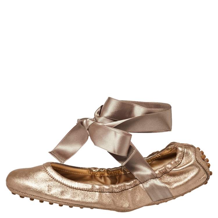 Pre Owned Tod's Metallic Bronze Nubuck Leather Scrunch Ribbon Ballet Flats Size 39.5