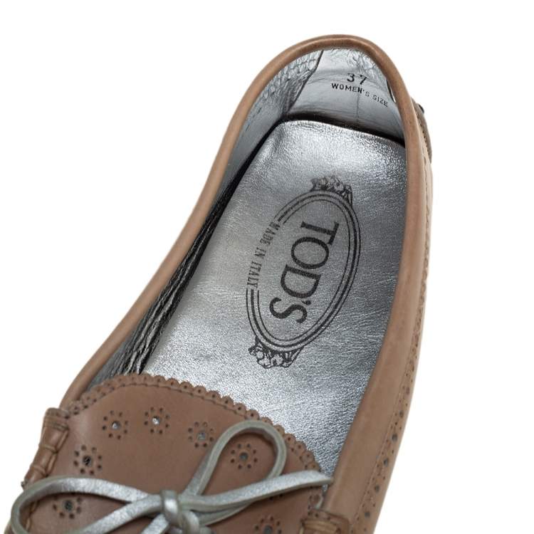 Pre Owned Tod's Beige Perforated Leather Bow Loafers Size 37