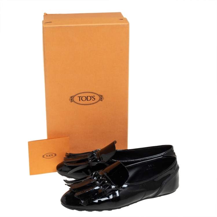 Pre Owned Tod's Black Patent Leather Fringe  Loafers Size 35.5