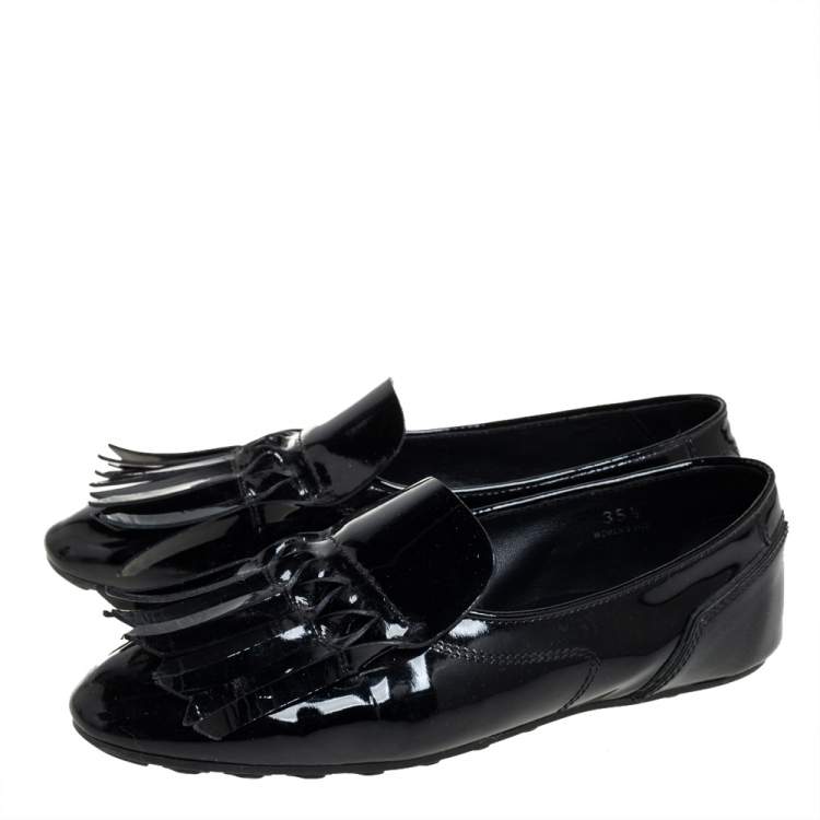 Pre Owned Tod's Black Patent Leather Fringe  Loafers Size 35.5