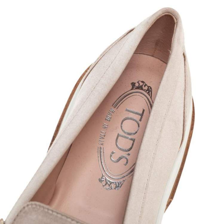 Pre Owned Tod's Beige Satin Slip On Loafer Sneakers Size 39