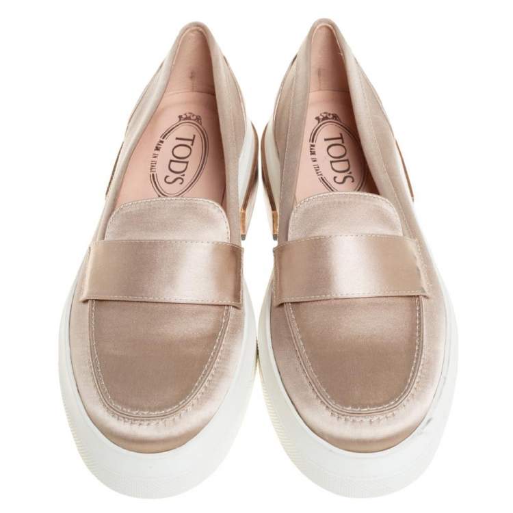 Pre Owned Tod's Beige Satin Slip On Loafer Sneakers Size 39