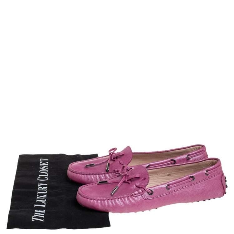 Pre Owned Tod's Metallic Pink Leather Bow Loafers Size 39