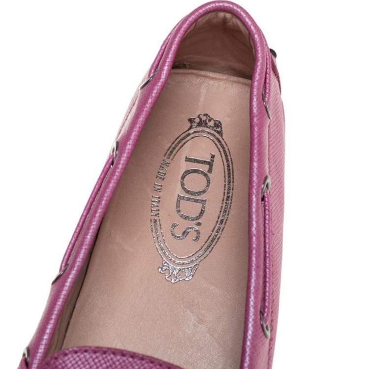 Pre Owned Tod's Metallic Pink Leather Bow Loafers Size 39