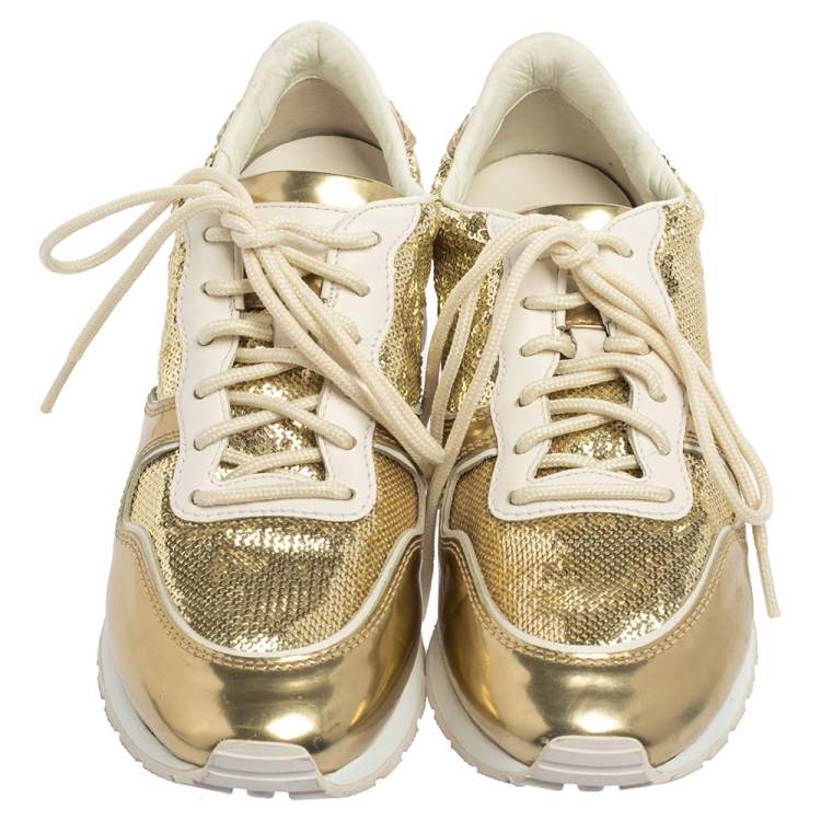 Pre Owned Tod's Gold /White Patent Leather And Sequin Low Top Sneakers Size 39