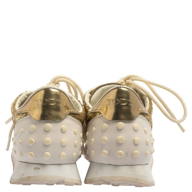 Pre Owned Tod's Gold /White Patent Leather And Sequin Low Top Sneakers Size 39