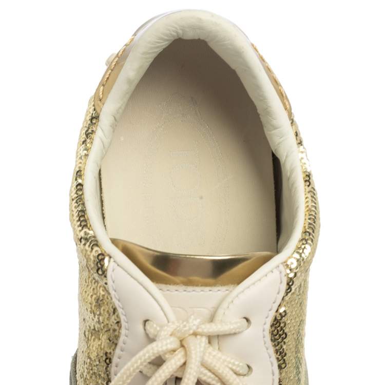 Pre Owned Tod's Gold /White Patent Leather And Sequin Low Top Sneakers Size 39