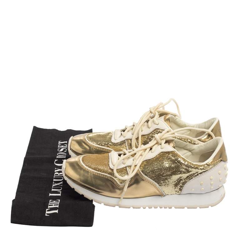 Pre Owned Tod's Gold /White Patent Leather And Sequin Low Top Sneakers Size 39