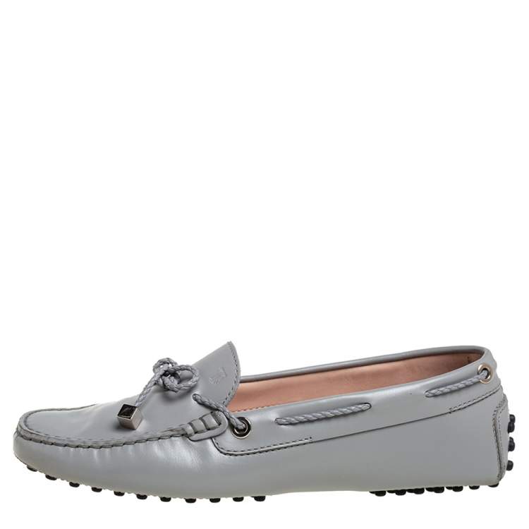 Pre Owned Tod's Grey Leather Braided Bow Slip On Loafers Size 36