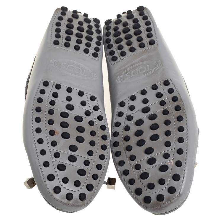 Pre Owned Tod's Grey Leather Braided Bow Slip On Loafers Size 36