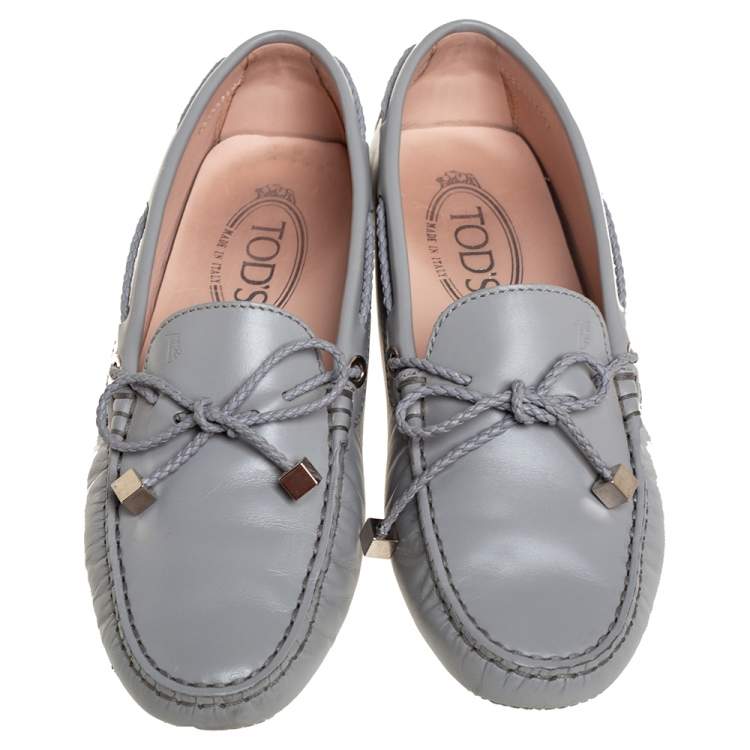 Pre Owned Tod's Grey Leather Braided Bow Slip On Loafers Size 36