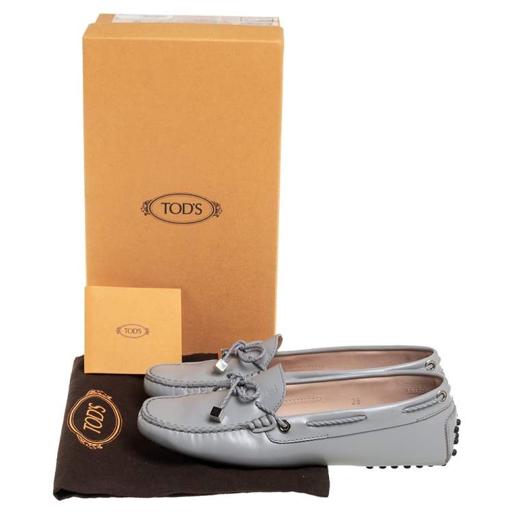 Pre Owned Tod's Grey Leather Braided Bow Slip On Loafers Size 36