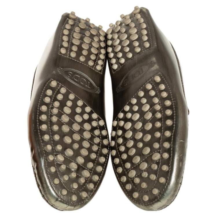 Pre Owned Tod's Metallic Olive Patent Leather Penny Slip On Loafers Size 35.5