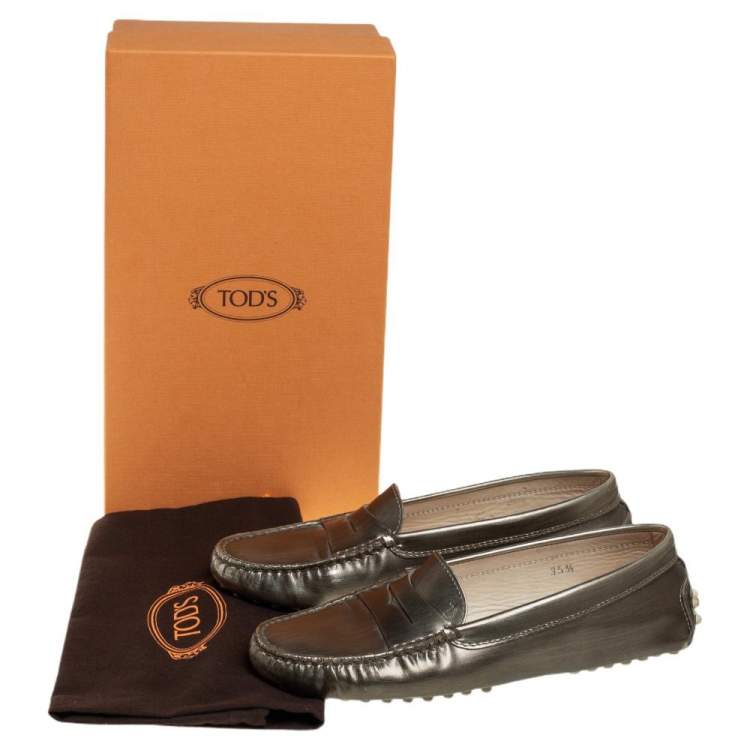 Pre Owned Tod's Metallic Olive Patent Leather Penny Slip On Loafers Size 35.5