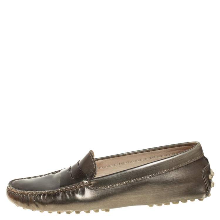 Pre Owned Tod's Metallic Olive Patent Leather Penny Slip On Loafers Size 35.5