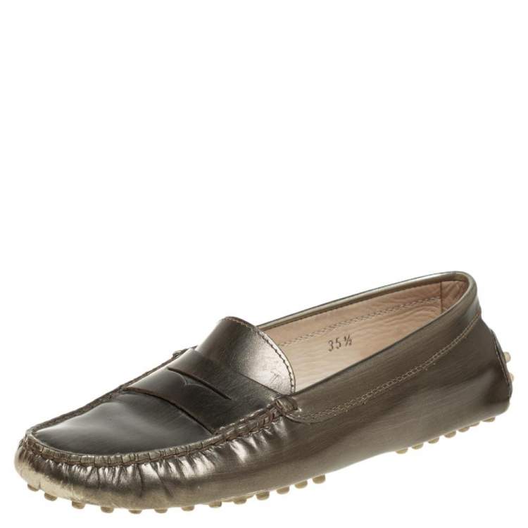 Pre Owned Tod's Metallic Olive Patent Leather Penny Slip On Loafers Size 35.5