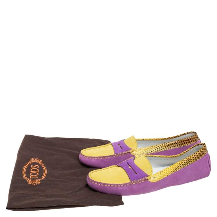 Pre Owned Tod's Purple/Yellow Suede And Python Leather Loafers Size 38