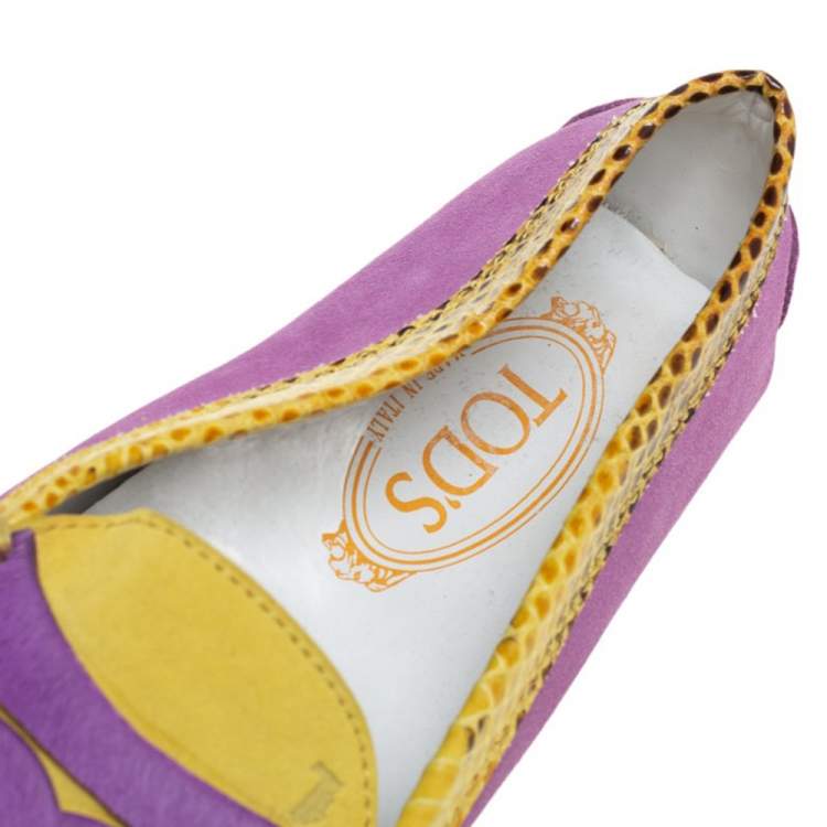 Pre Owned Tod's Purple/Yellow Suede And Python Leather Loafers Size 38