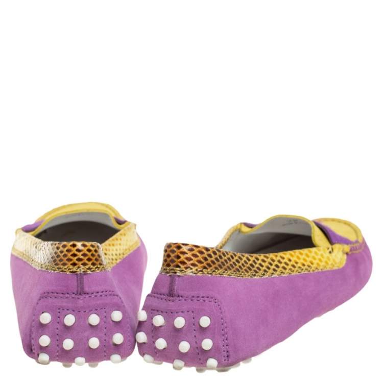 Pre Owned Tod's Purple/Yellow Suede And Python Leather Loafers Size 38