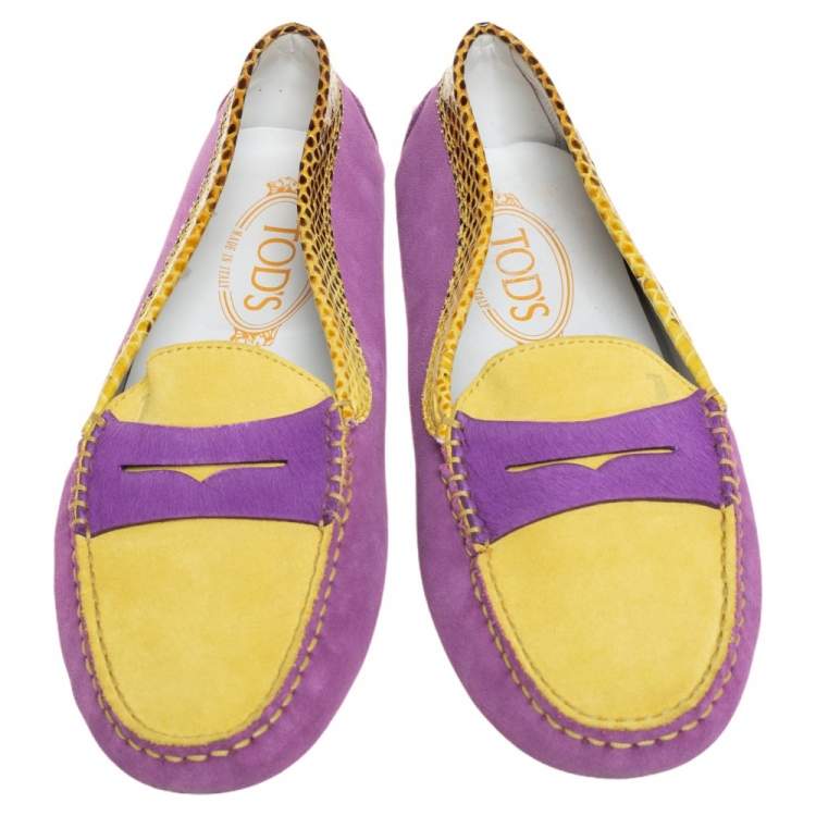 Pre Owned Tod's Purple/Yellow Suede And Python Leather Loafers Size 38