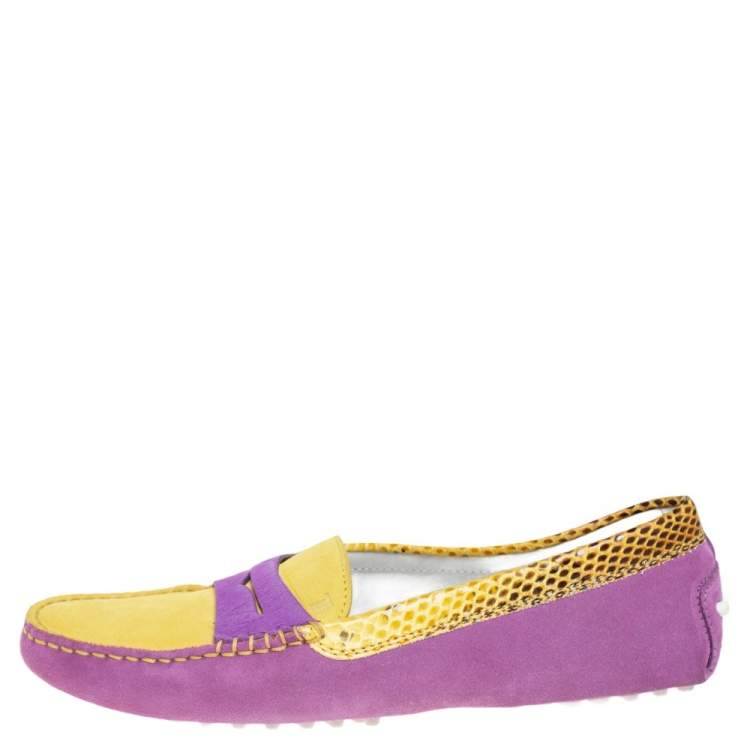 Pre Owned Tod's Purple/Yellow Suede And Python Leather Loafers Size 38