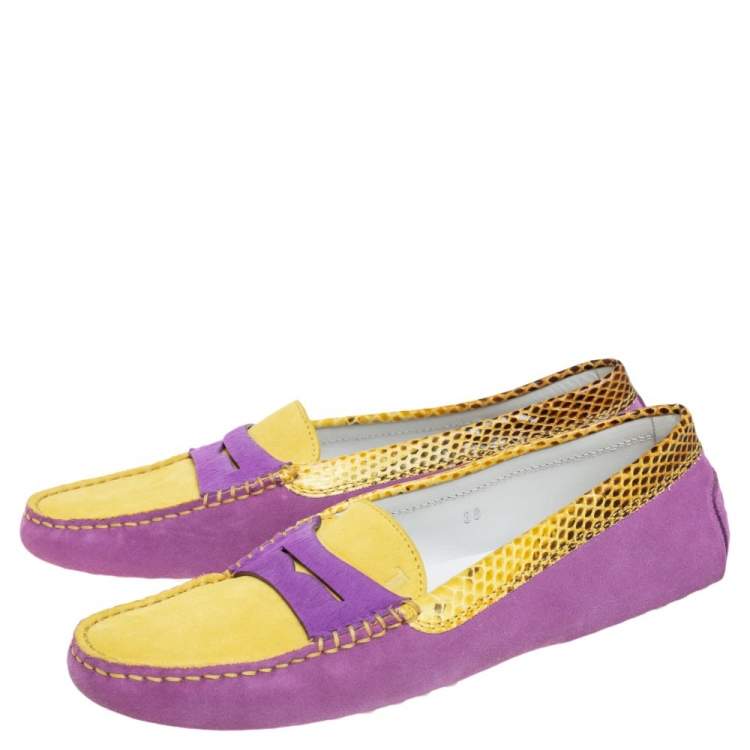 Pre Owned Tod's Purple/Yellow Suede And Python Leather Loafers Size 38