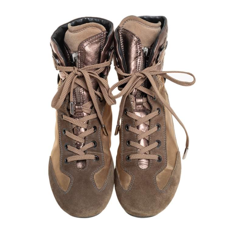 Pre Owned  Tod's Brown/Beige Suede And Fabric High Top Sneakers Size 38