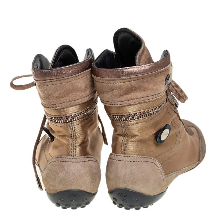 Pre Owned  Tod's Brown/Beige Suede And Fabric High Top Sneakers Size 38