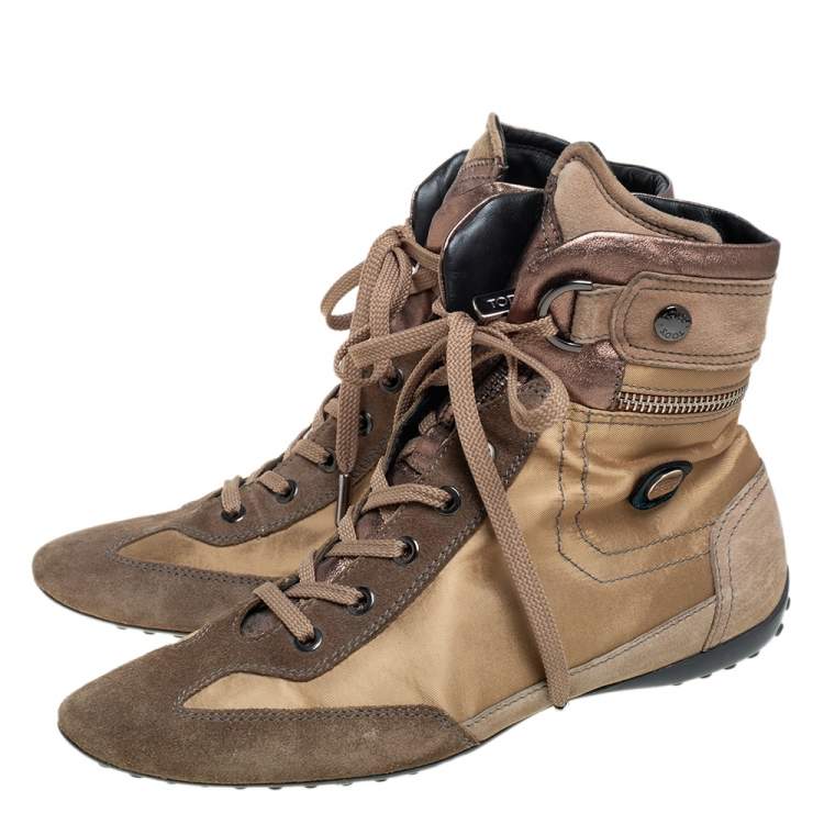 Pre Owned  Tod's Brown/Beige Suede And Fabric High Top Sneakers Size 38