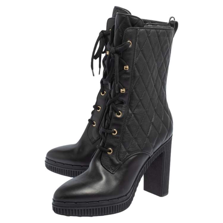Pre Owned Tod's Black Quilted Leather Mid Calf Platform Block Heel Boots Size 39.5