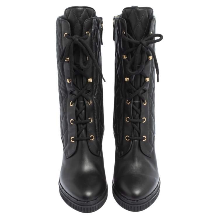 Pre Owned Tod's Black Quilted Leather Mid Calf Platform Block Heel Boots Size 39.5