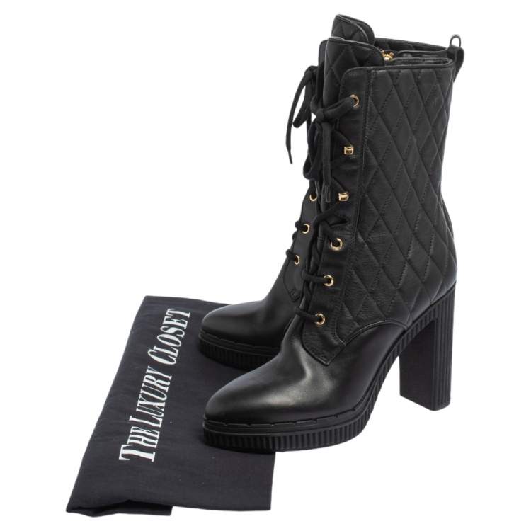 Pre Owned Tod's Black Quilted Leather Mid Calf Platform Block Heel Boots Size 39.5