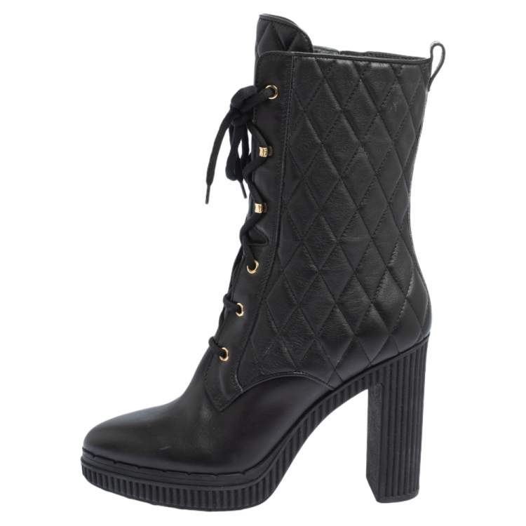 Pre Owned Tod's Black Quilted Leather Mid Calf Platform Block Heel Boots Size 39.5