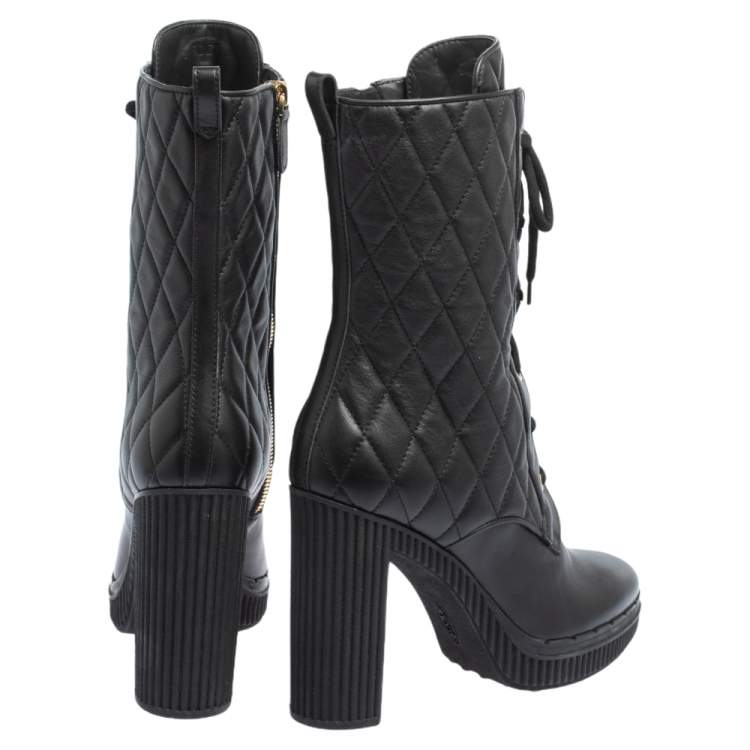Pre Owned Tod's Black Quilted Leather Mid Calf Platform Block Heel Boots Size 39.5