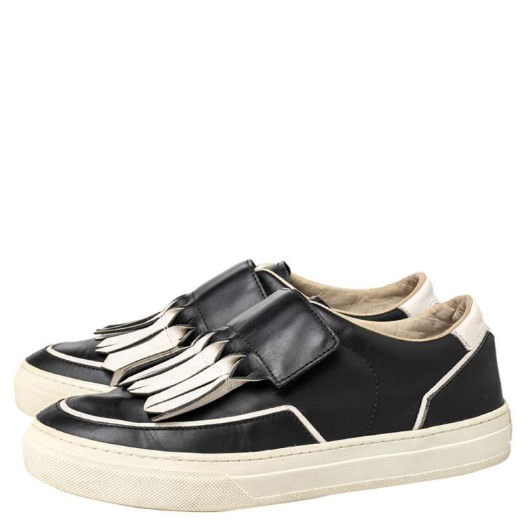 Pre Owned Tod's Black/White Leather Fringe Detail Slip On Sneakers Size 37
