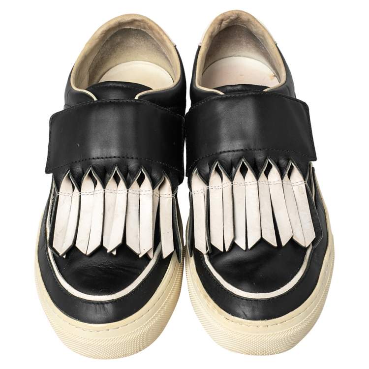 Pre Owned Tod's Black/White Leather Fringe Detail Slip On Sneakers Size 37